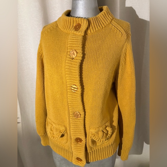 2$30 Mustard Yellow Chunky Knit Cardigan Button -Up Thick %100 Cotton Petite XL - Picture 1 of 12